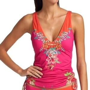 $138 Johnny Was Pink Floral Drawstring Sides Lucy Tie Tankini Top XS NEW